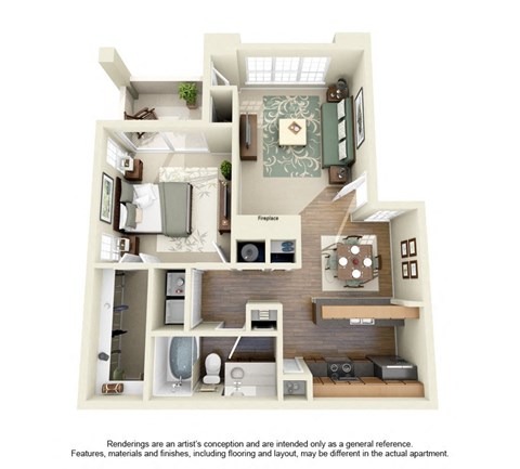 Floor plan for 1 bed, 1 bath, 752 sqft